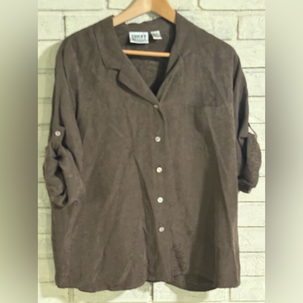 CHICO’S DESIGN Size 3, brown color, collared button-down Silk/Linen EUC